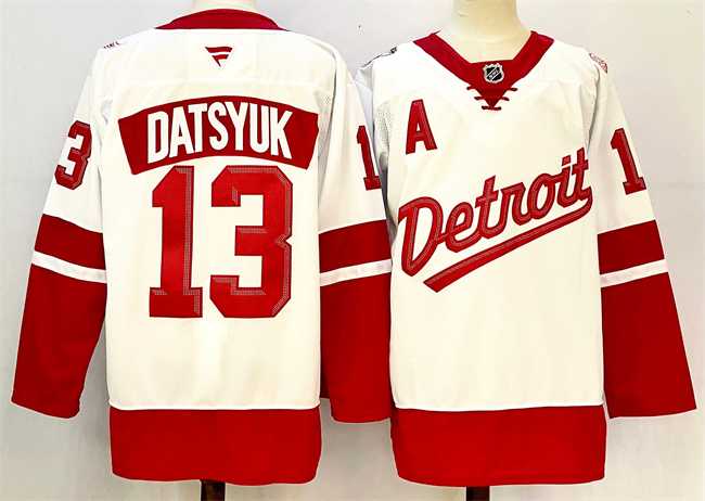 Mens Detroit Red Wings #13 Pavel Datsyuk White Red 2024-25 With A Patch Stitched Jersey